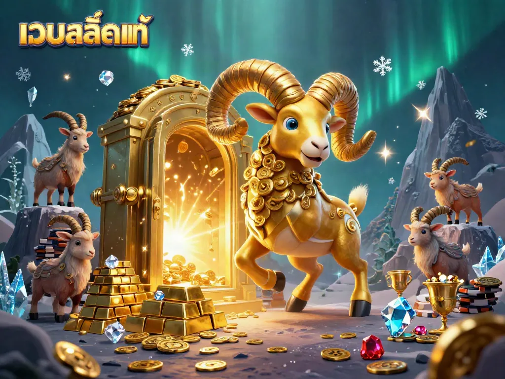 Play exciting games with เว็บสล็อตแท้, featuring a golden ram amidst treasure and dazzling gems.